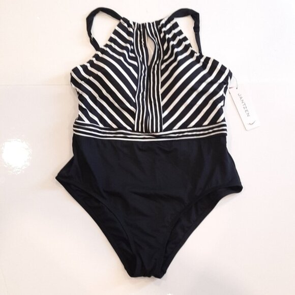 JANTZEN One Piece Swimsuit Striped Halter Keyhole Slimming Tummy Control Padded - Picture 4 of 13